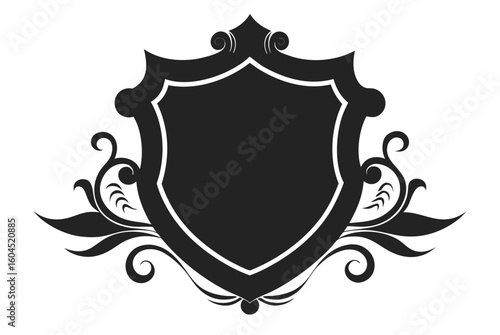 Winged heraldic shield vector frame with vintage gold crown, ribbon, and laurel wreath decoration