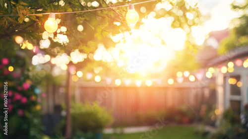 Fototapeta Naklejka Na Ścianę i Meble -  String lights hanging in a backyard with a sunset in the background.