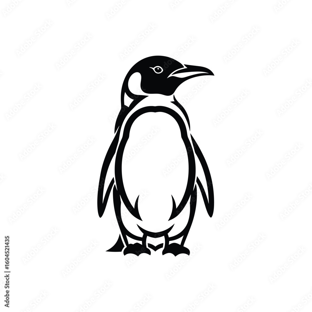 Naklejka premium A stylized, black and white illustration of a penguin standing upright, facing slightly to the right.