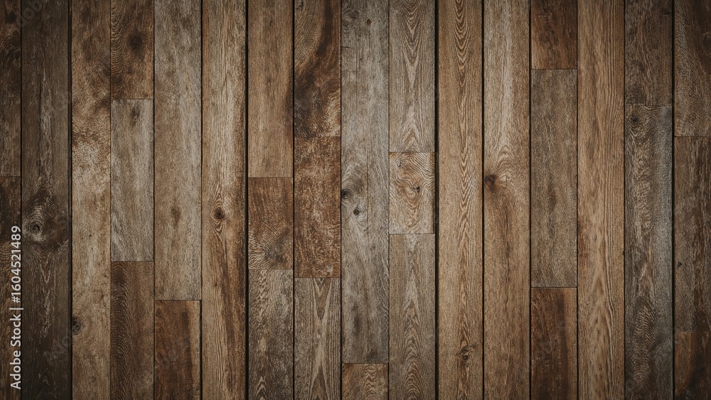 Naklejka premium textured wooden wall background with varying shades of brown featuring horizontal and vertical wooden planks arranged in a rustic pattern