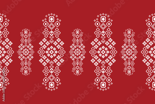 Fabric motif pattern traditional ikat geometric ethnic pattern cross stitch. Embroidery Ethnic oriental Pixel red background. Abstract,vector,illustration. Texture,christmas,decor,wallpaper.