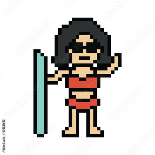 Pixel art cute cartoon one piece character woman bikini swimming suit game surf beach vacation decoration lifestyle female bikini  surfing 8 bit holiday relax pixel art png 8bit vector.