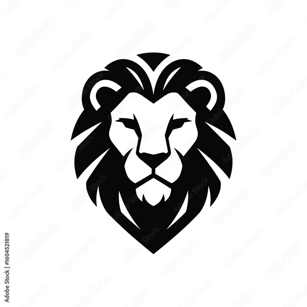Obraz premium A bold, stylized black and white illustration of a lion's majestic head, facing forward.