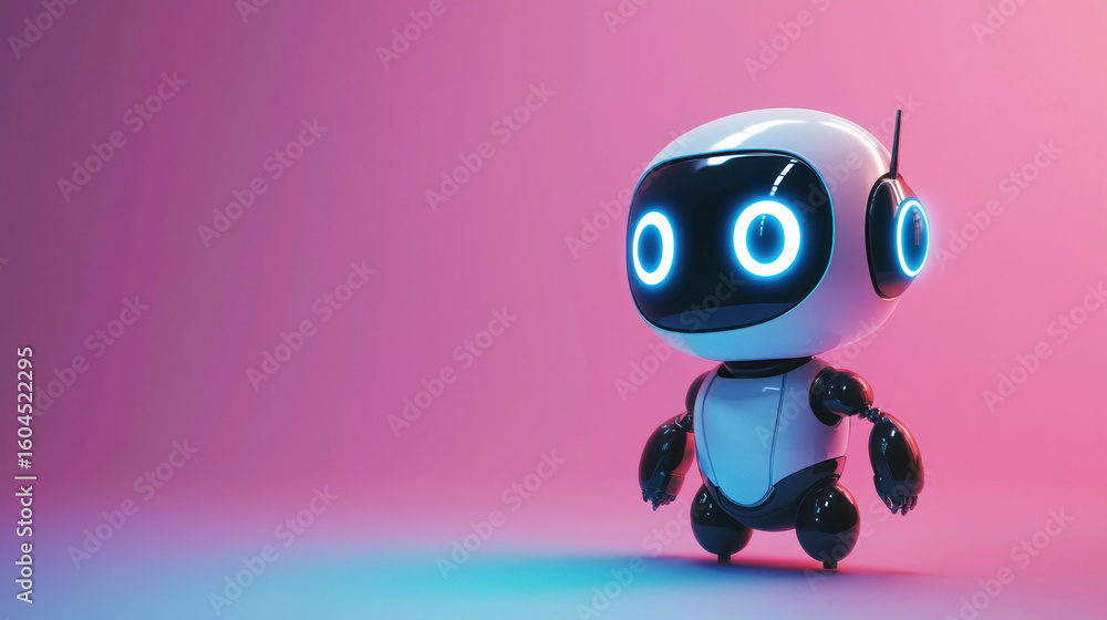 Fototapeta premium A cute, white, round robot with glowing eyes and antennas, standing on a pink and blue gradient background.