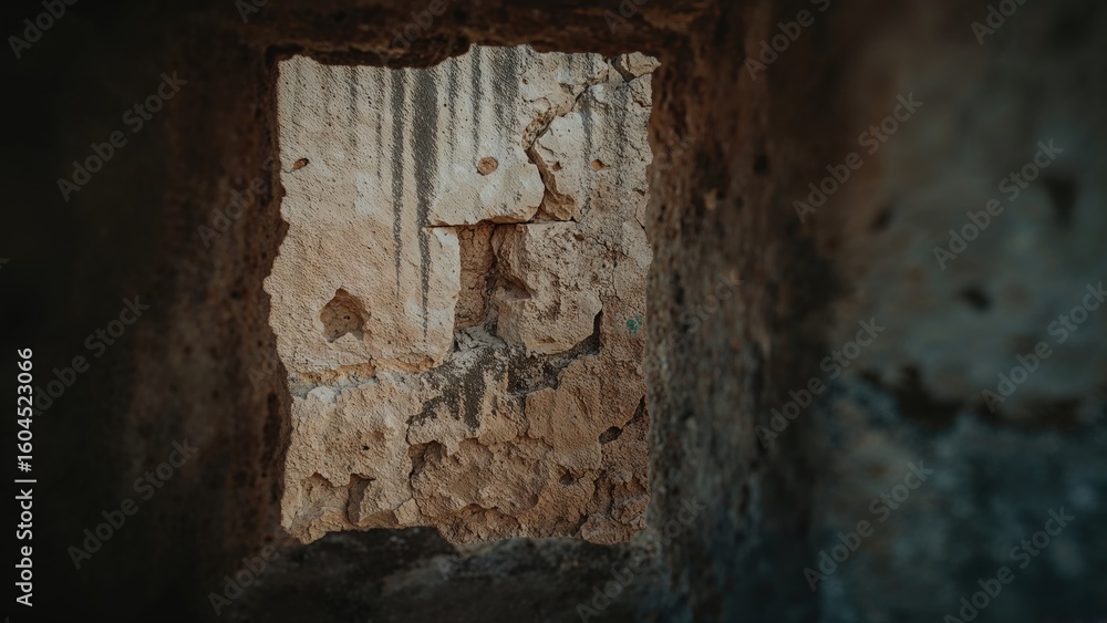 View of the inside of an old stone fortress seen through its exterior wall View of the inside of an old stone fortress seen through its exterior wall