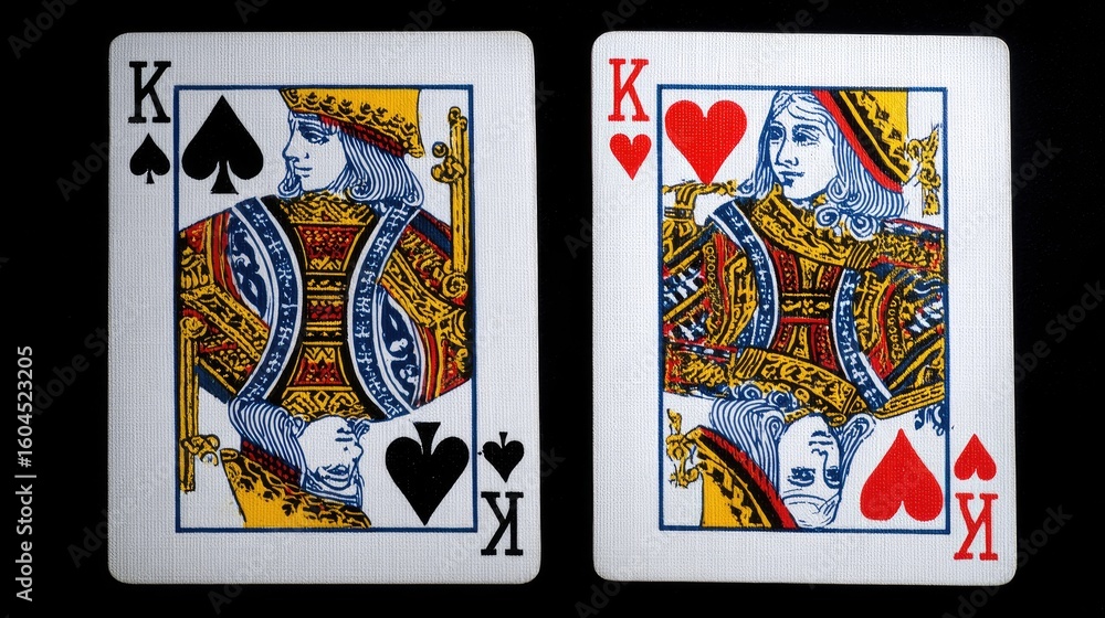 Fototapeta premium Two playing cards, king of spades and king of hearts.