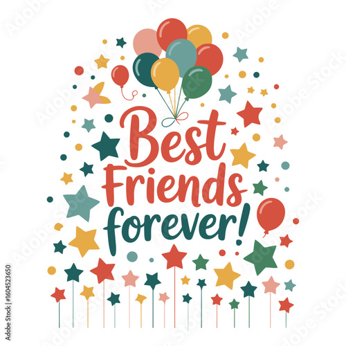 Vector Illustration of best friends forever text with colorful balloons stars and dots on a transparent background