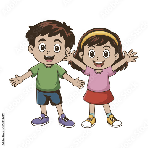 Vector Illustration of a boy with a green shirt and a girl with a pink shirt standing together and smiling happily