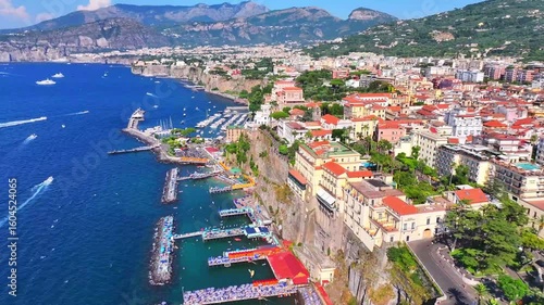 Sorrento. Amalfi coast. Italy. Drone view of Sorrento. View from above. Buildings and landmarks of Sorrento. Boats and yachts. Port of Sorrento. High-resolution video. Suitable for postcards, picture