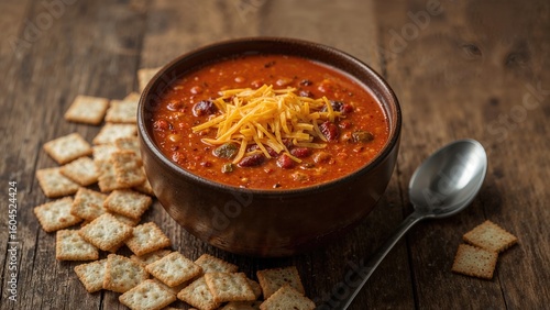 A bowl containing spicy chili paired with crackers and a spoon