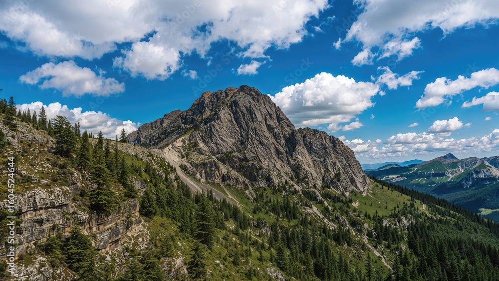 Stunning vertical view of rugged peaks beneath a bright sky filled with clouds during the day Stunning vertical view of rugged peaks beneath a bright sky filled with clouds during the day