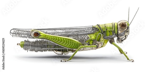 A detailed grasshopper stands with vibrant green limbs morphing into folded structures, highlighting the union of nature and creativity. This design can inspire art, education, and biomimicry