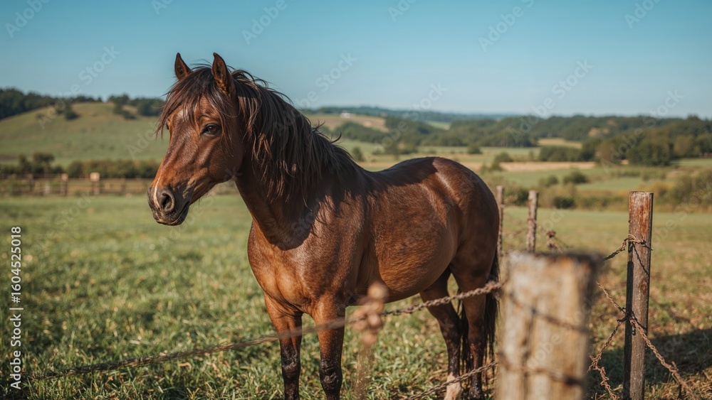 Fototapeta premium Portrait orientation of one horse standing close to a crafted metal fence in rural area