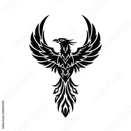 A stylized black and white illustration of a phoenix with outstretched wings, facing left, with intricate feather details.