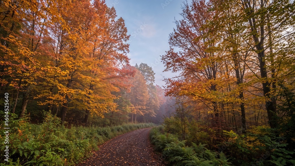 Fototapeta premium Misty dawn over a vibrant autumn forest, part of nature series