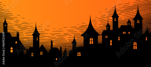 spooky town with gothic rooftops, Halloween illustration