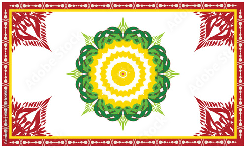 The red and white border carpet pattern has a pattern arranged in a row and in the middle of the yellow there are beautiful flowers arranged in an orderly manner, fabric patterns, vectors