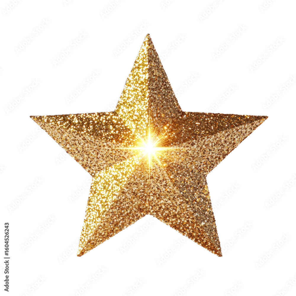 Obraz premium Glitter star standing upright with a bright shine on one corner on transparent background