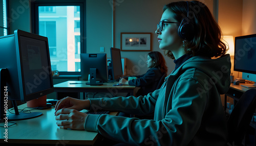 Young woman studying in modern computer lab wearing headphones  