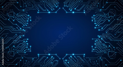 Abstract Circuit Board Design with Glowing Lines and Dark Blue Background