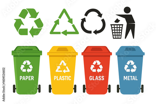 Recycling symbols set with color-coded wheelie bins for paper, plastic, glass, metal waste sorting, eco friendly disposal, transparent vector illustration