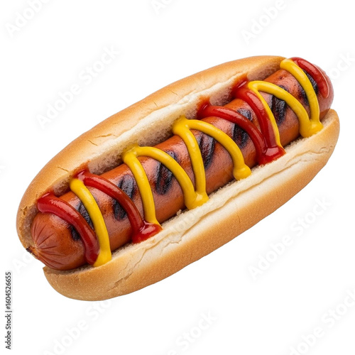 Delicious Grilled Hotdog with Ketchup and Mustard in a Soft Bun on Transparent Background