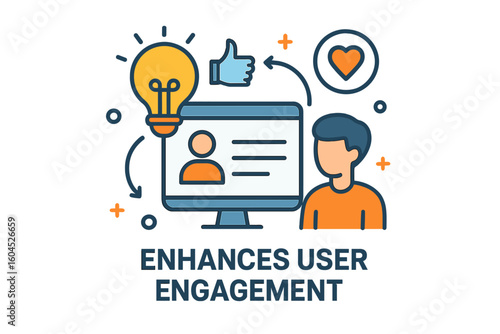 User engagement enhancement concept with computer monitor profile, light bulb idea, thumbs up like, heart loyalty icon, customer interaction, digital marketing UX vector illustration