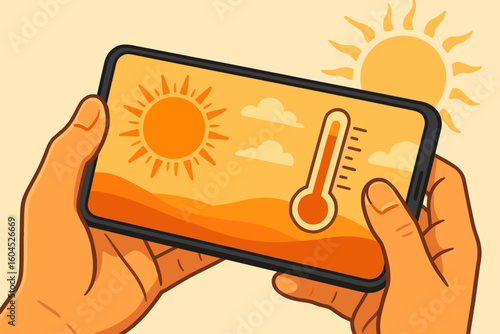 Extreme heat wave weather forecast on smartphone held in hands, blazing sun icon, temperature thermometer, desert landscape background, summer climate change vector illustration