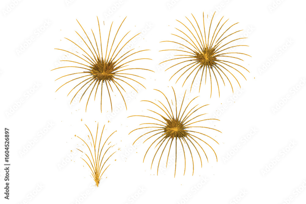 Fototapeta premium Golden fireworks burst collection vector on dark background, sparkling pyrotechnic rockets, glitter explosion, festive night sky celebration for New Year and Independence Day