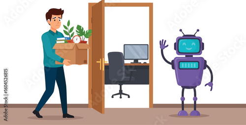 Job loss automation concept illustration showing man leaving office replaced by robot ai technology