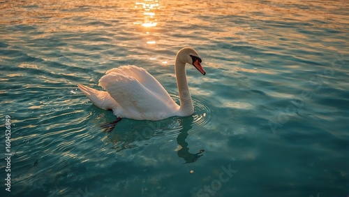 A lone white swan floats gracefully on the sea at sunset