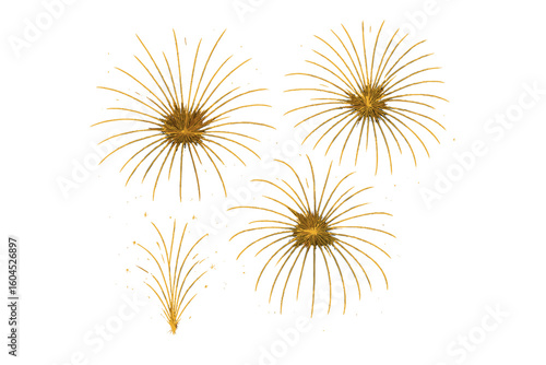 Golden fireworks burst collection vector on dark background, sparkling pyrotechnic rockets, glitter explosion, festive night sky celebration for New Year and Independence Day