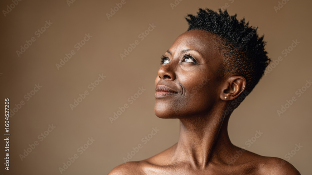 Obraz premium thoughtful portrait featuring individual gazing into distance against clean neutral background