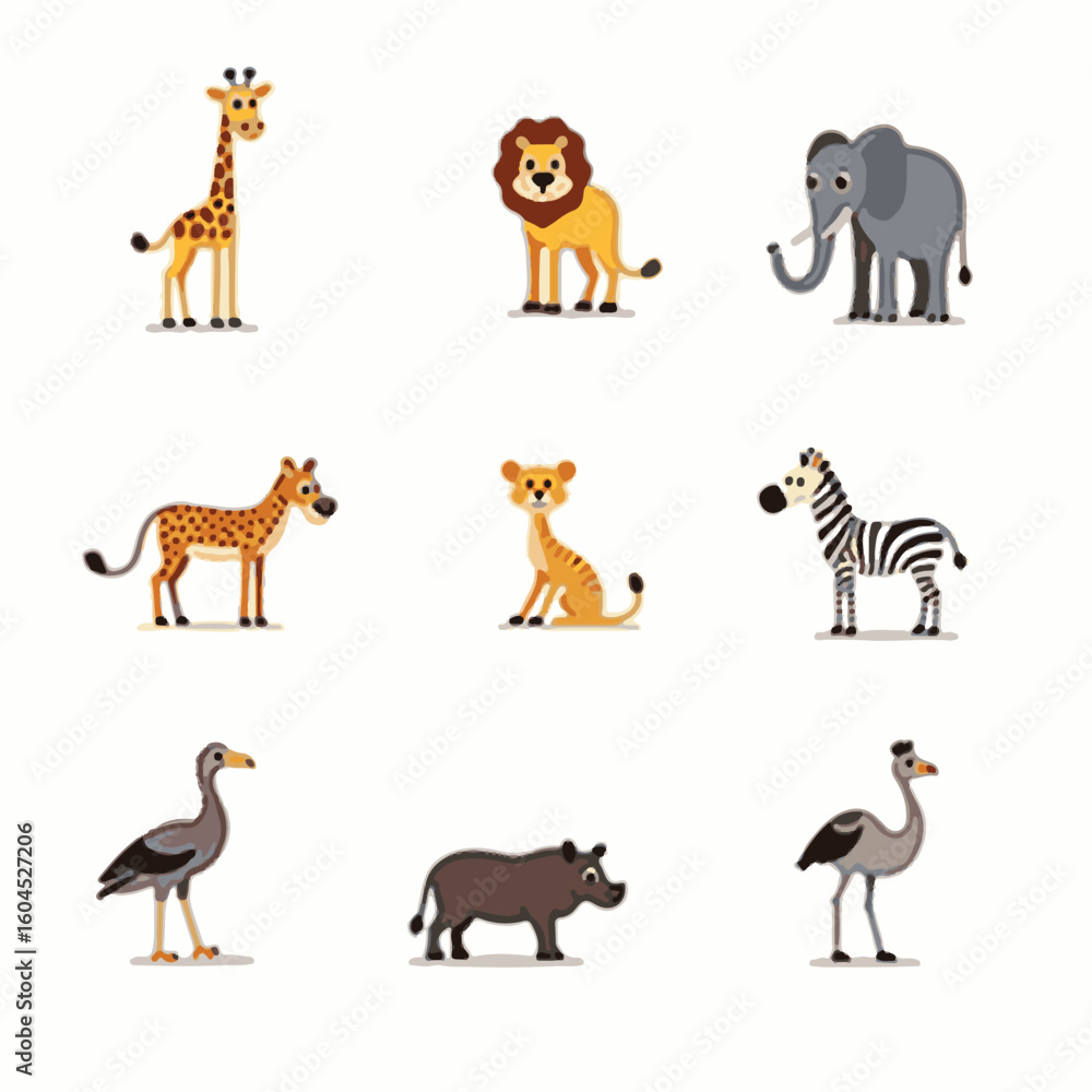 Obraz premium Colorful flat vector cartoon animal silhouettes collection – cute wild, domestic, aquatic, jungle, fantasy, and forest animals in minimalist kid-friendly style on white background