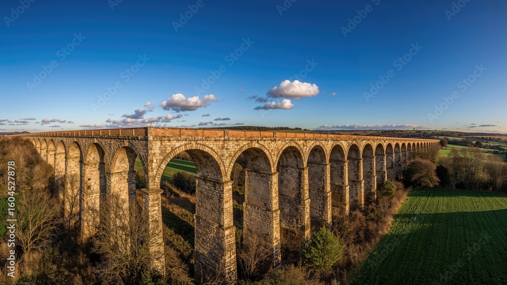 Obraz premium A wide aerial view of the eastern section of the longest brick railway bridge in the country