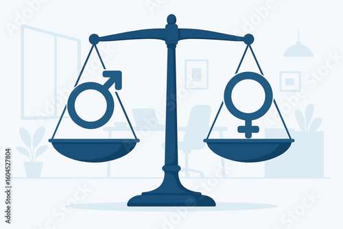 Gender equality at workplace concept with balance scale showing male female symbols equal weight representing equal rights diversity fairness office background vector illustration