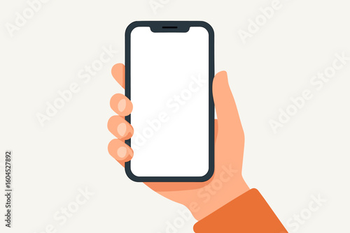 Hand holding smartphone with blank white screen flat design vector illustration. Mobile device mockup technology communication digital modern minimalist style