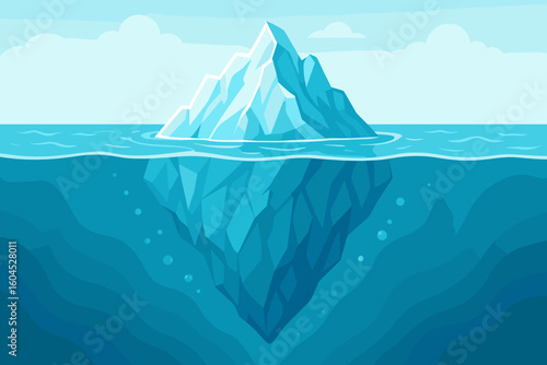 Iceberg in ocean vector illustration. Sea landscape with blue ice mountain showing tip above water and hidden mass below surface. Cold arctic nature concept.