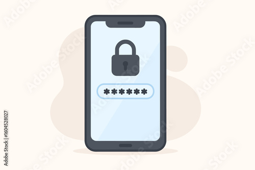 Mobile phone password entry screen vector illustration. Smartphone security login interface with lock icon and passcode field. Digital privacy protection concept design