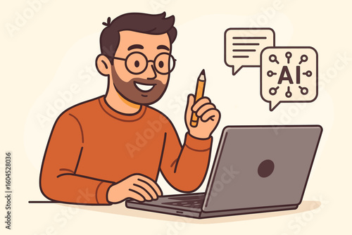 AI writing assistant concept. Man with laptop creating content using artificial intelligence technology. Writer author blogger copywriter working with AI tools. Vector illustration