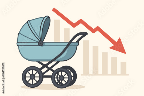 Declining birth rate demographics fertility baby stroller graph red arrow population decrease social issue vector illustration metaphor statistics chart concept