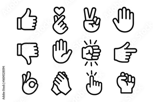 Hand gesture outline icon set – thumbs up, thumbs down, finger heart, peace sign, raised palm stop, fist bump, pointing finger, OK sign, clap hands, clenched fist emoji symbols