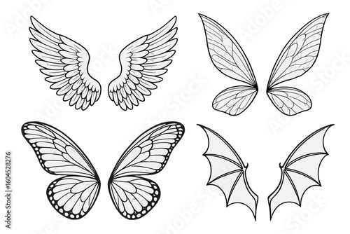 Angel bird feather wings, delicate fairy insect wings, butterfly wings and gothic bat wings set, detailed outline, fantasy clipart, transparent background isolated vector