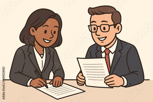 Business professionals writing content marketing documents together. Collaborative teamwork office meeting. Corporate writers authoring text files. Vector illustration