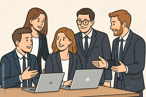 Business team meeting collaboration office. Professional group discussion teamwork. Corporate colleagues working laptops computers. Vector illustration