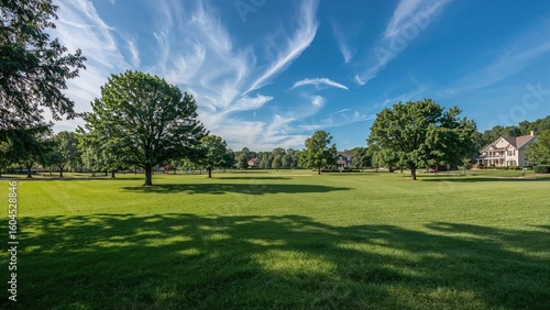 Fototapeta Naklejka Na Ścianę i Meble -  Wide open neighborhood green space with thriving grass, a few trees, and houses faintly seen beyond.