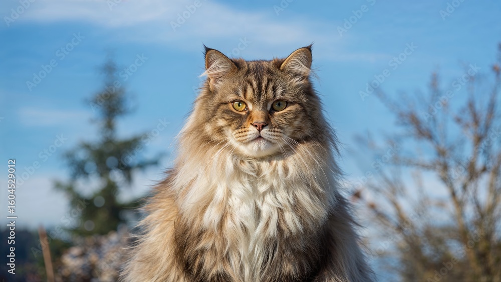 Graceful Feline with Flowing Fur Enjoys a Sunny Winter Scene Graceful Feline with Flowing Fur Enjoys a Sunny Winter Scene