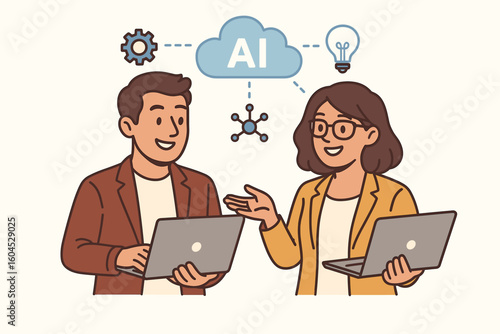 Artificial intelligence teamwork concept – smiling male and female coworkers with laptops discussing cloud AI ideas, machine learning, collaboration cartoon vector illustration