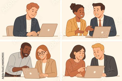 Collaborative business teamwork concept. Diverse colleagues working on laptops, discussing data, mentoring peers, brainstorming ideas with speech bubbles, vector illustration
