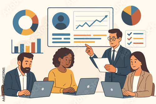 Diverse business team analyzing CRM dashboard data in office meeting, bar and pie charts, growth line graph presentation, manager briefing coworkers on laptops, vector illustration